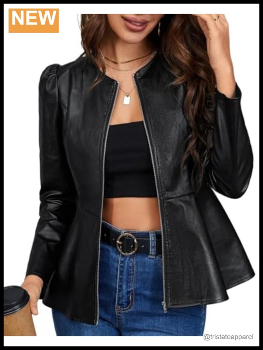 Faux Leather Peplum Jacket Zip Up Puff Sleeve Crop Coat Long Sleeve